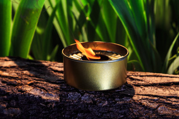 burning candle on the background of a beautifully lit tropical plants