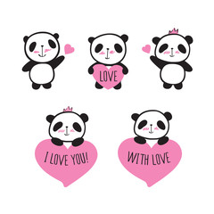 Set of cute pandas with hearts. Elements for Valentine's Day, birthday, Mother's Day, wedding. Hand drawn illustration for your design. Doodles, sketch. Vector.