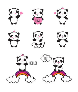 Set of cute pandas with hearts. Elements for Valentine's Day, birthday, Mother's Day, wedding. Hand drawn illustration for your design. Doodles, sketch. Vector.