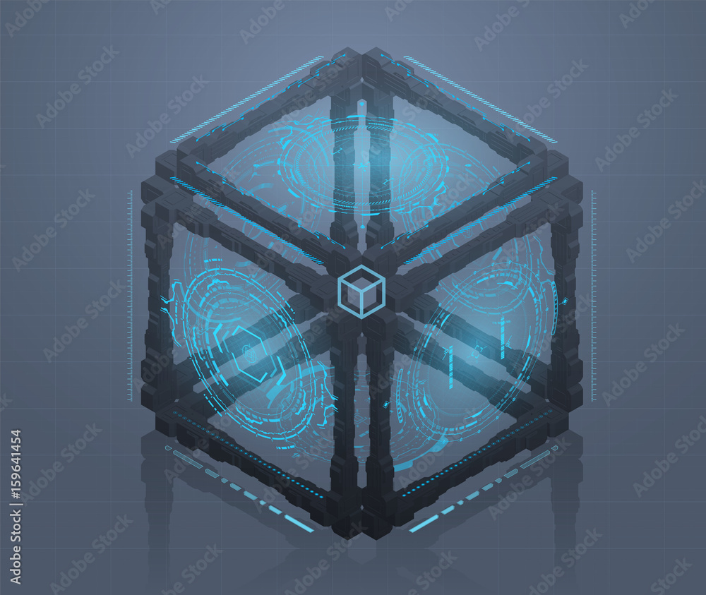 Aufkleber background with futuristic virtual cube. design concept with hud user interface elements.