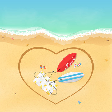 I love surfing. On the beach there are surfboards and slippers with a towel. Heart painted on a sandy beach. Time for rest and sports. Vector illustration