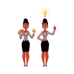 Black, African American businesswoman eats sandwich and coffee, gets idea, business insight, cartoon vector illustration isolated on white background. Black businesswoman gets lunch, has business idea