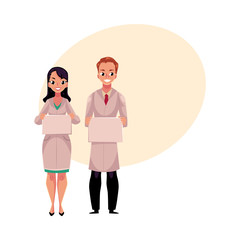 Obraz premium Male and female doctors in white medical coats holding blank board, sign for text, cartoon vector illustration with space for text. Full length portrait of two doctors with blank boards