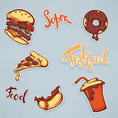 vector collection of ffastfood patch badges with burger, hotdog, soda, pizza and donut