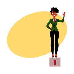 Black, African American businesswoman standind on pedestral, success, victory concept, cartoon vector illustration with space for text. Standing on pedestal as symbol of successful career