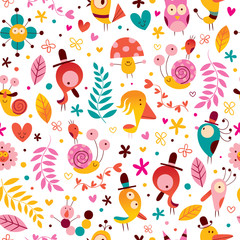 flowers birds snails characters nature seamless pattern