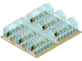 Isometric greenhouse with glass walls, foundations, gable roof, garden bed. Mass farm for growing plants. Vector horticultural conservatory for vegetables and flowers. Greenhouse cultivate gardening.
