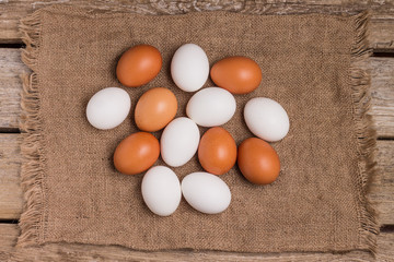 Top view of eggs on sackcloth
