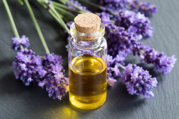 Obraz na płótnie Canvas A bottle of essential oil with fresh lavender twigs