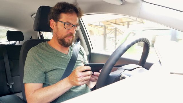 Man Getting Very Scared Driving Car Playing With Smartphone Almost Getting Into Accident