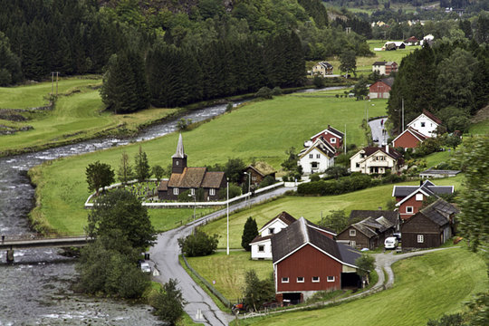 View of small village Flam, from Flåmsbana Railway  in Flam Valley, Norway