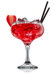 fresh fruit alcohol cocktail or mocktail in margarita glass with red beverage and ice cubes isolated on white background