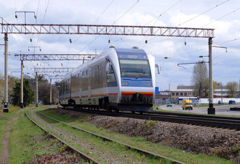 Naklejka premium Modern railbus for transporting little count of passengers via railroad