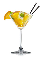 fresh fruit alcohol cocktail or mocktail in martini glass with ice cubes, orange and mint isolated on white background