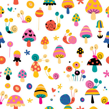 snails mushrooms flowers cute characters nature seamless pattern