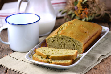 Homemade cake on milk, eggs and matcha tea.