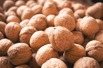 Walnuts in shell with warm fall colors in soft-focus