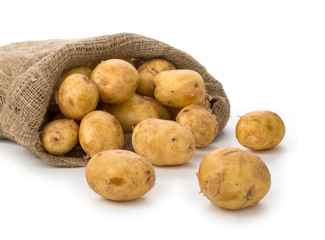 Sack with a new potato tubers isolated on white background.