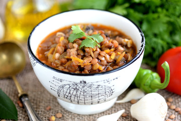 Vegetarian soup from boiled lentils, mushroom, tomatoes, carrots, onions and garlic.