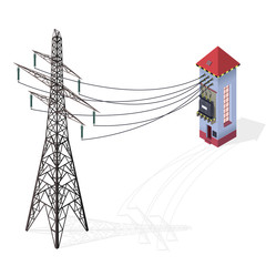Electric transformer isometric building info graphic. High-voltage power station with electricity pylon. Old plant architecture. Pictogram industrial electricity set. Isolated vector illustration.