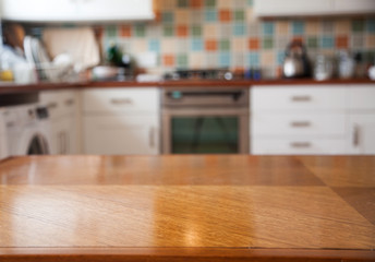 blurred kitchen interior and napkin and desk space