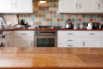 blurred kitchen interior and napkin and desk space