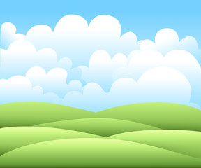 Obraz premium Vector illustration.Bright nature landscape with sky, hills and grass. Rural scenery. Field and meadow