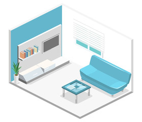 Fototapeta na wymiar isometric interior of modern living room. Flat 3D illustration