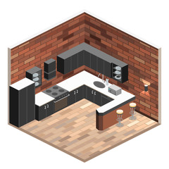 kitchen interior in isometric view. Illustration of loft apartment with brick wall.