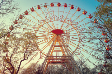Attraction of the Ferris wheel in the park in the summer on a bright sunny afternoon