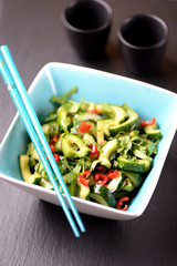 Chinese salad with fresh cucumbers, garlic, chili, cilantro, soy sauce, sesame oil and wine vinegar.