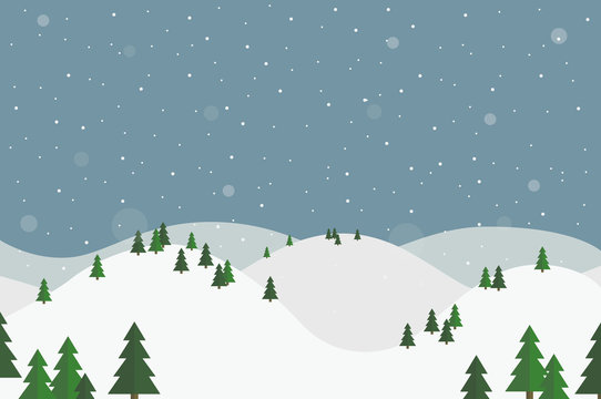 Flat design winter landscape with white hills, trees and falling snow