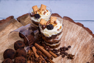 Dessert english trifle on a wooden background