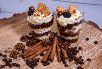 Dessert english trifle on a wooden background