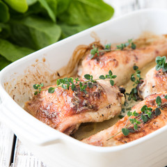 Fried golden chicken thighs with spices and herbs. Baked chicken legs