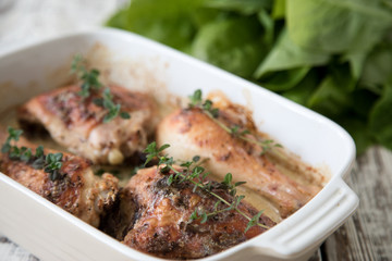 Fried golden chicken thighs with spices and herbs. Baked chicken legs