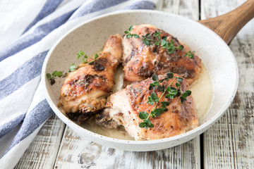 Fried golden chicken thighs with spices and herbs. Baked chicken legs