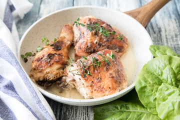 Fried golden chicken thighs with spices and herbs. Baked chicken legs