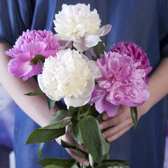 Wedding bouquet of a bride from a peony in hand of bride