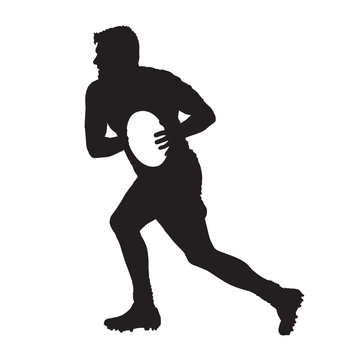 Running rugby player with ball, vector silhouette, side view