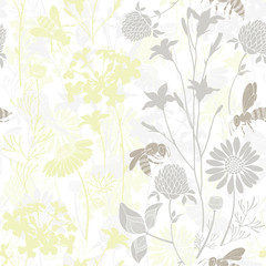 Seamless pattern with wild flowers and bees. Vector illustration with summer meadow.