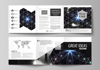Set of business templates for tri fold square design brochures. Leaflet cover, abstract flat layout, easy editable vector. Sacred geometry, glowing geometrical ornament. Mystical background.