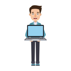 young man holding laptop notebook standing vector illustration