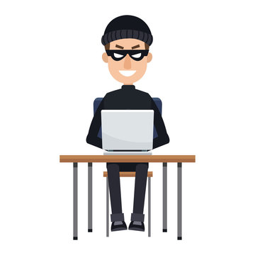 hacker in hoodie sitting with laptop vector illustration