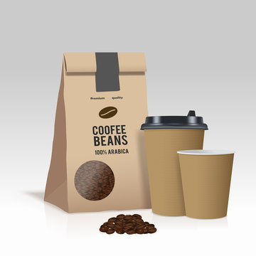 Realistic take away paper coffee cup and brown paper bag with coffee beans. Vector illustration.