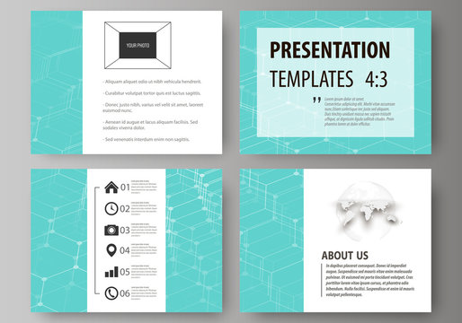 Set of business templates for presentation slides. Abstract vector layouts in flat design. Chemistry pattern, hexagonal molecule structure. Medicine, science and technology concept.