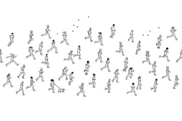 Seamless banner of tiny marathon runners, can be tiled horizontally: a diverse collection of small hand drawn men and women running from left to right