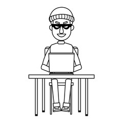 hacker in hoodie sitting with laptop vector illustration