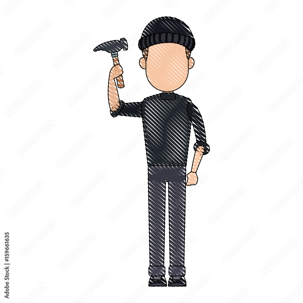 Poster computer hacker man character system thief vector illustration