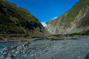 Franz Josef Glacier and valley floor, Westland, South Island, Franz Josef Glacier National Park, in...